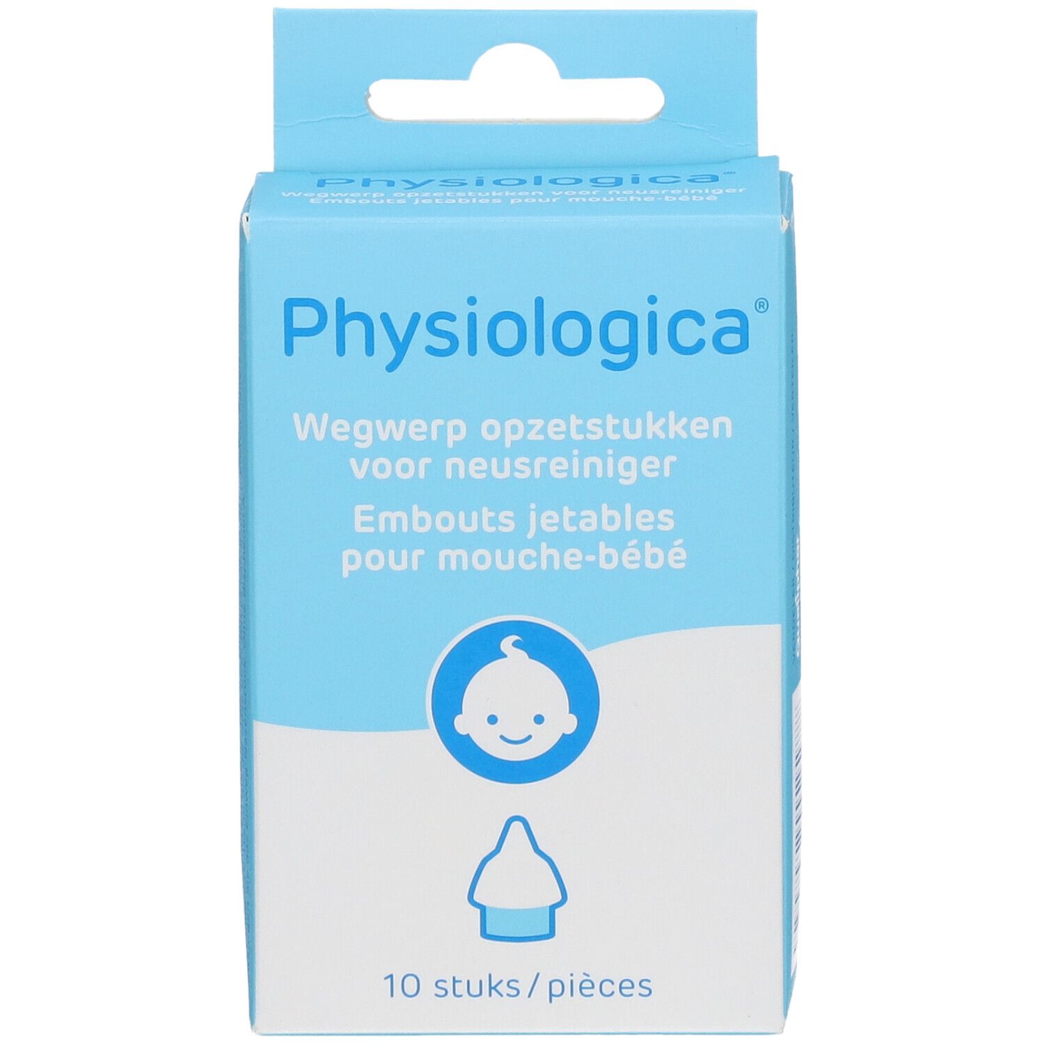 Boîte bleu clair avec nom et logo du produit. Texte en néerlandais et français. 10 pièces.