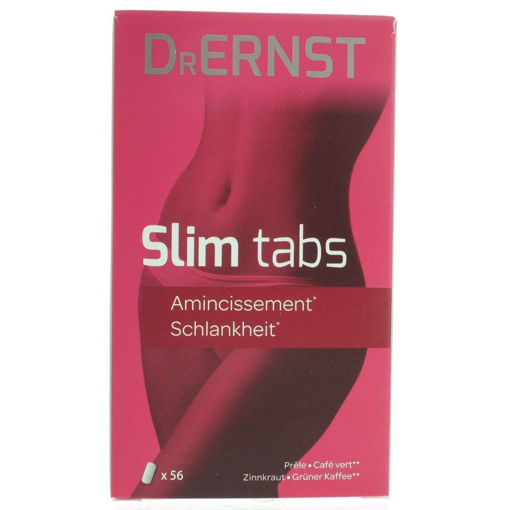 Boîte rose "Dr. Ernst Slim tabs". Texte: "Amincissement, Schlankheit". En bas: "x 56".