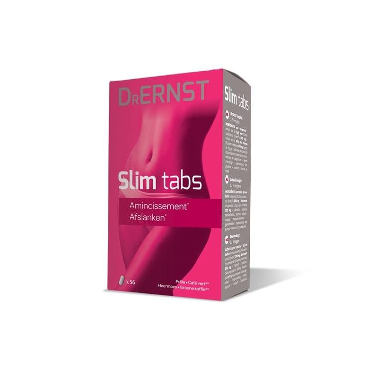 Boîte "Dr. Ernst Slim tabs". Texte: "Amincissement, Afslanken". Côté avec informations. En bas: "x 56".