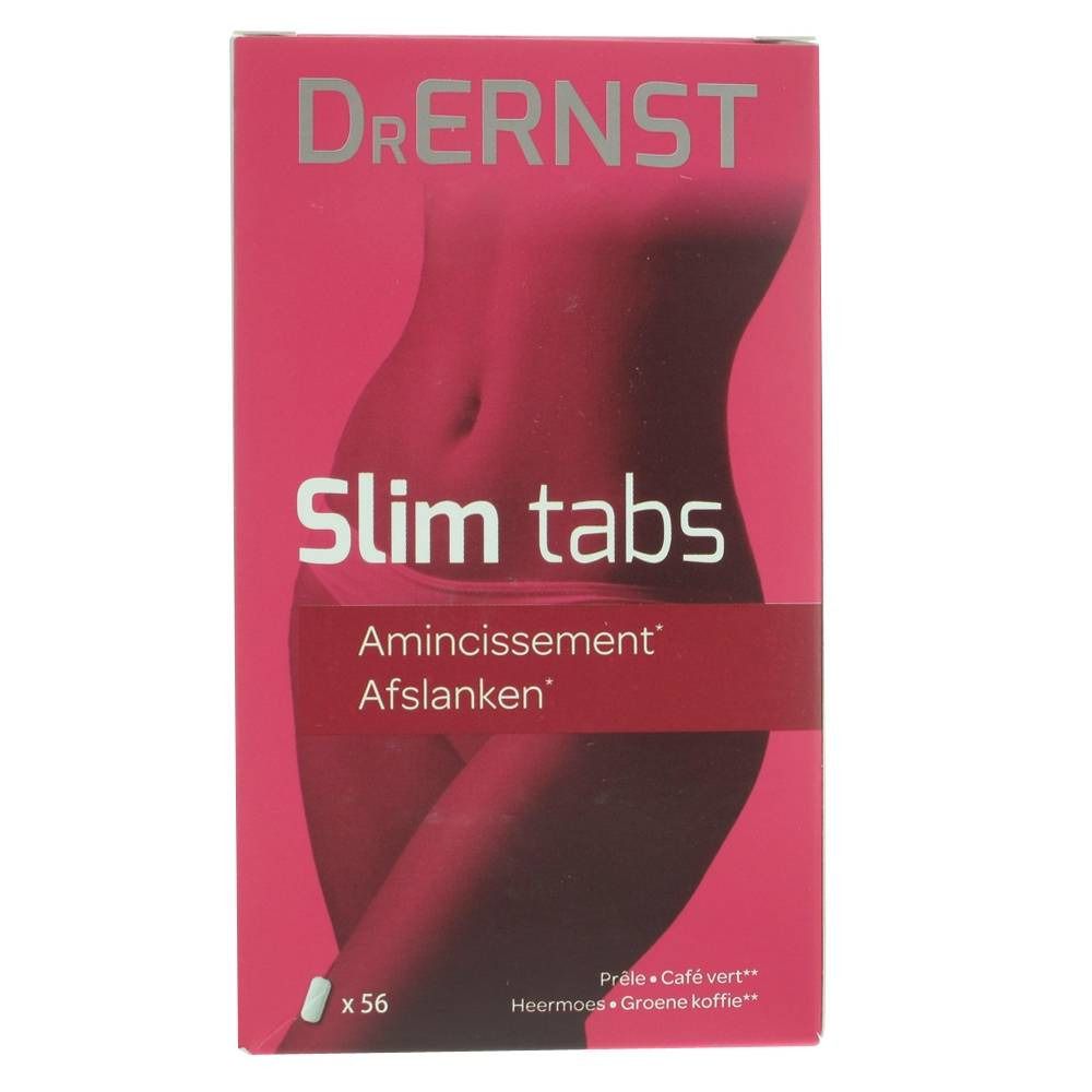 Boîte rose "Dr. Ernst Slim tabs". Texte: "Amincissement, Afslanken". En bas: "x 56".
