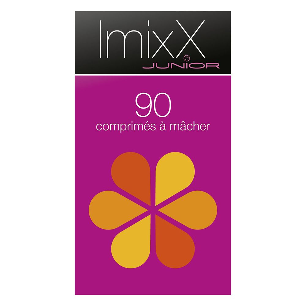 Boîte ImixX Junior. 90 comprimés à mâcher. Fond violet, motif floral jaune-orange. Texte en français.