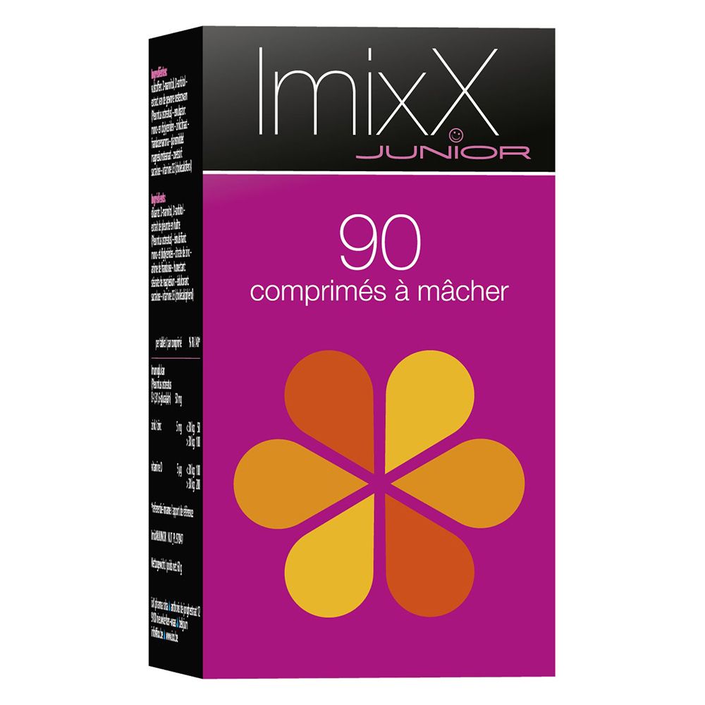 Boîte ImixX Junior. 90 comprimés à mâcher. Fond violet, motif floral jaune-orange. Texte en français.