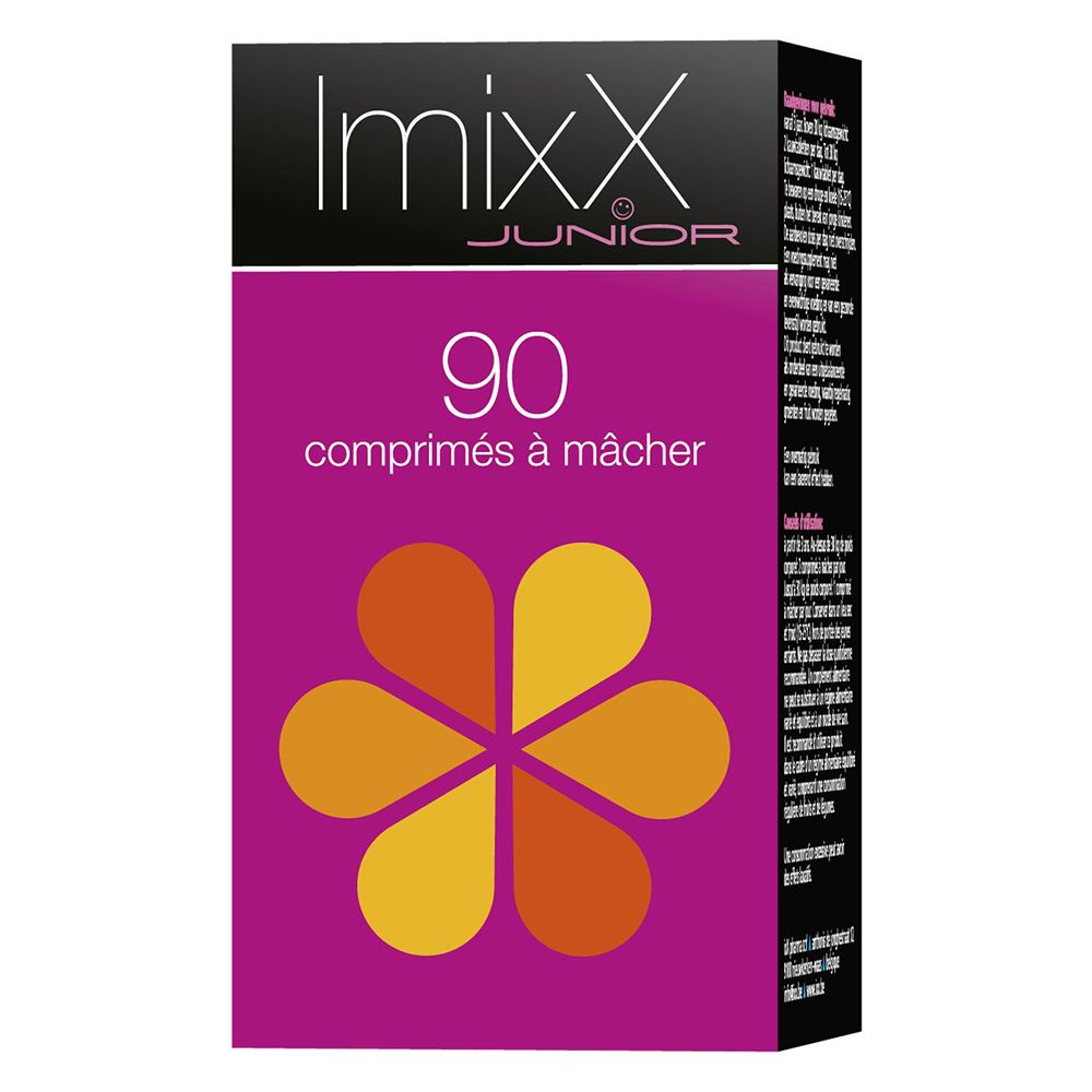 Boîte ImixX Junior. 90 comprimés à mâcher. Fond violet, motif floral jaune-orange. Texte en français.
