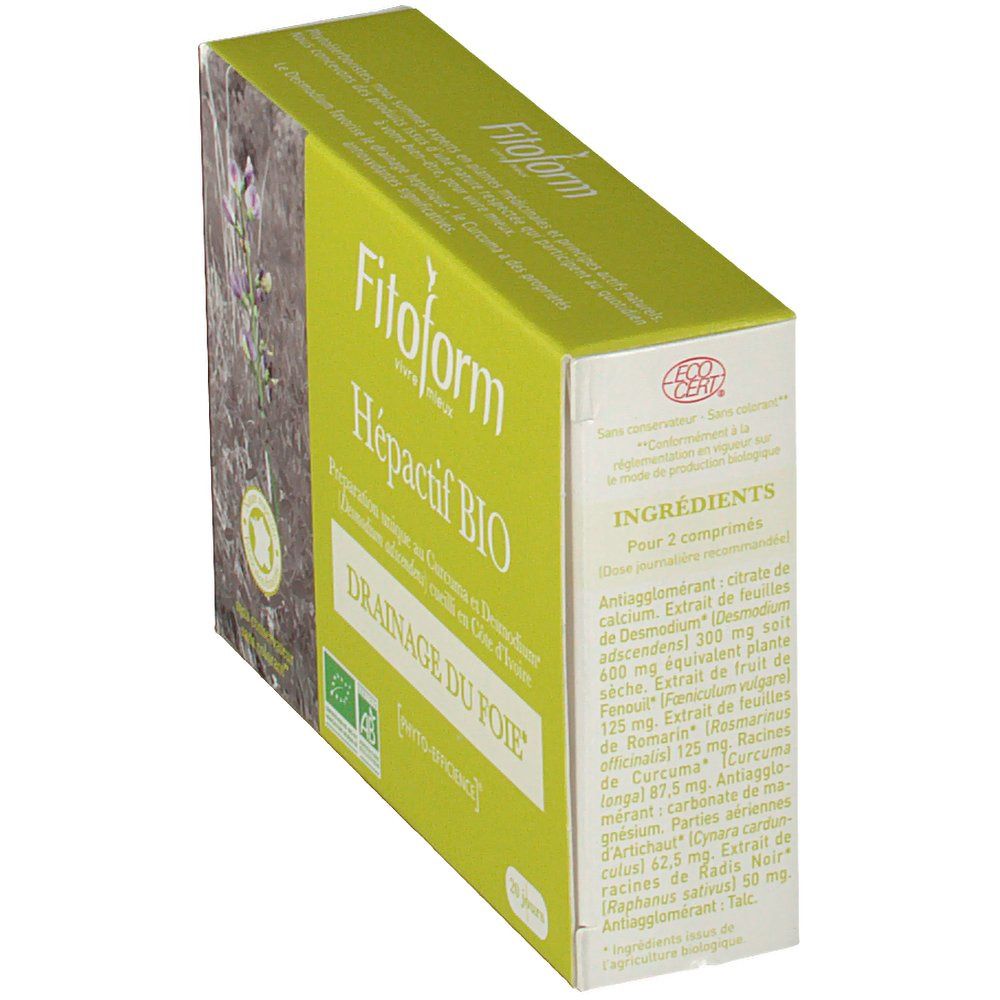 Boîte verte Fitoform Hépactif BIO. Texte: Drainage du Foie. Liste des ingrédients et label Ecocert.