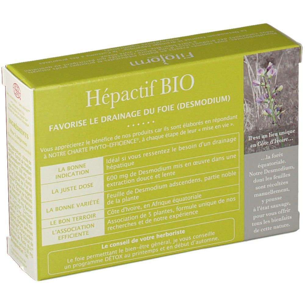 Boîte verte Fitoform Hépactif BIO. Texte: Drainage du Foie. Description et label Ecocert.