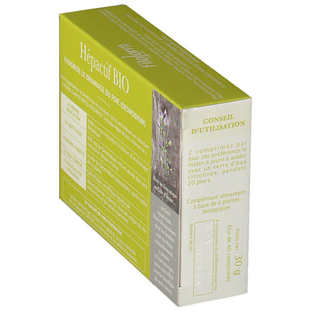 Boîte verte Fitoform Hépactif BIO. Texte: Drainage du Foie. Conseils d'utilisation et poids.