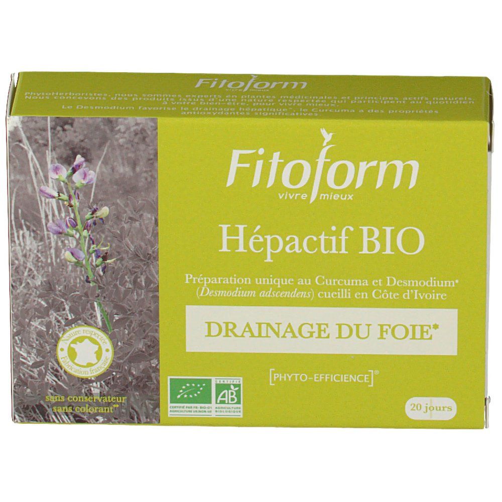 Boîte verte Fitoform Hépactif BIO. Texte: Drainage du Foie. Labels AB et Ecocert. 20 jours.