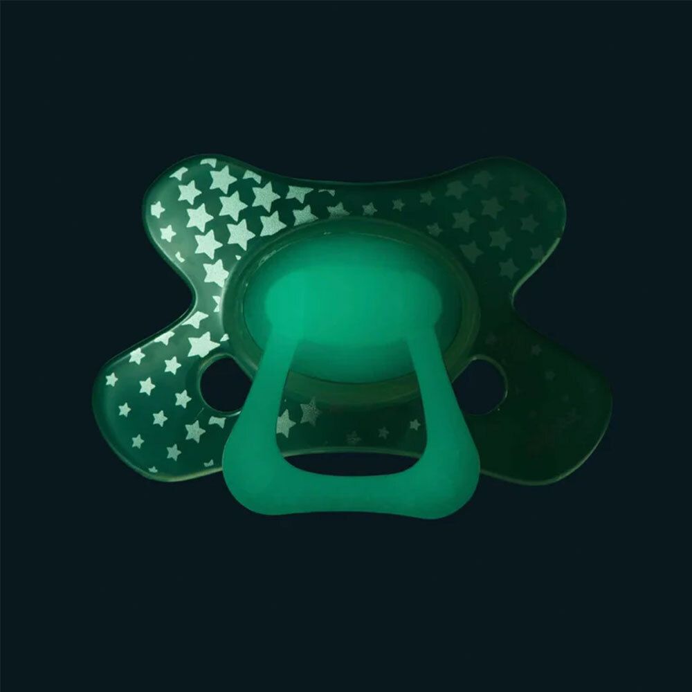 Fopspeen. Zichtbaar: sterrenpatroon, lichtgevend groen. Handvat. Merk difrax®.