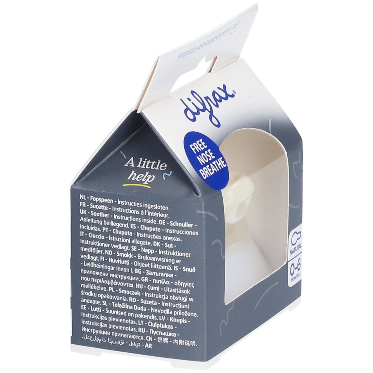 Emballage avec textes en plusieurs langues. Visible: logo difrax®, 'FREE NOSE BREATHE'.