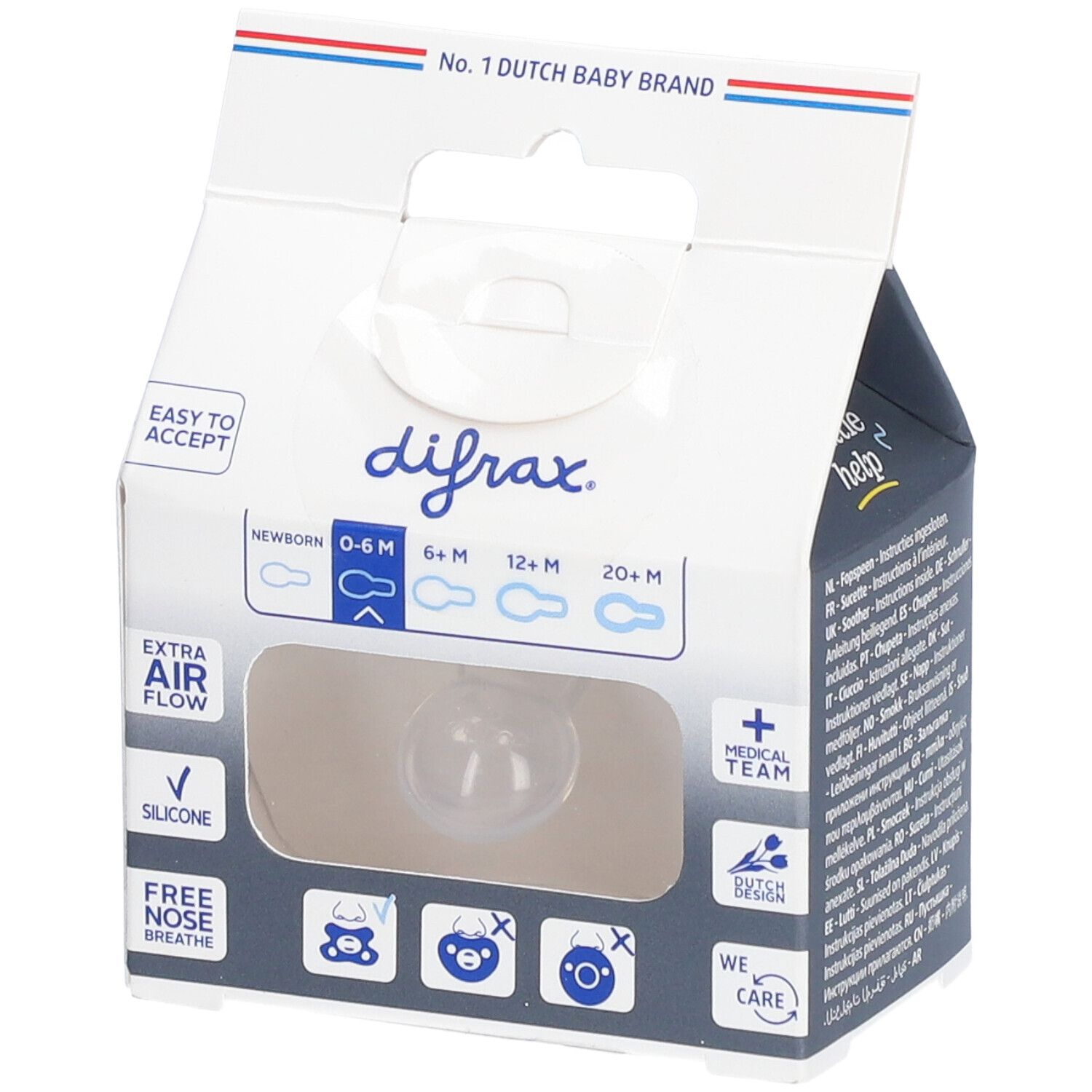 Emballage de sucette. Visible: logo difrax®, 'EASY TO ACCEPT', 'EXTRA AIR FLOW', 'SILICONE'.