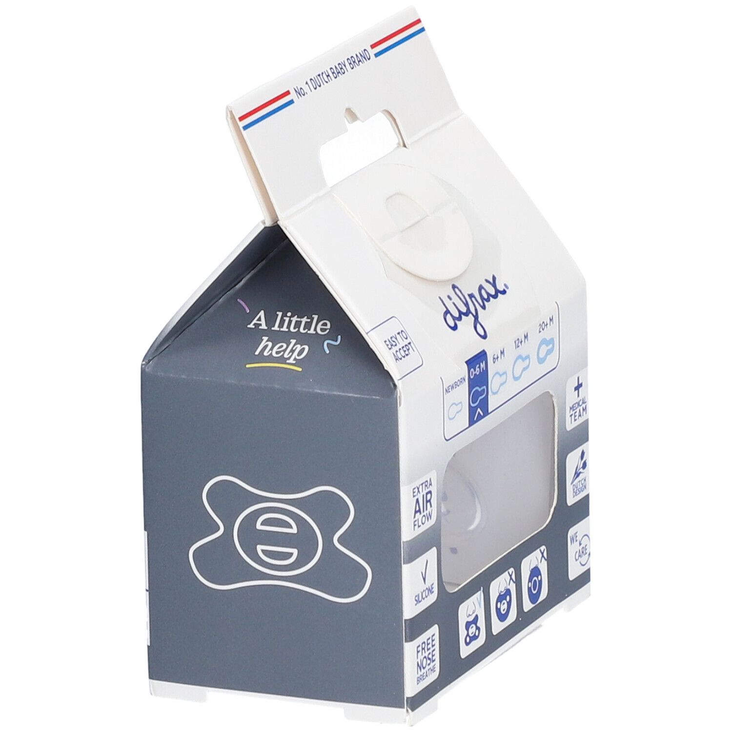Emballage de sucette. Visible: logo difrax®, 'EASY TO ACCEPT', 'EXTRA AIR FLOW', 'SILICONE'.