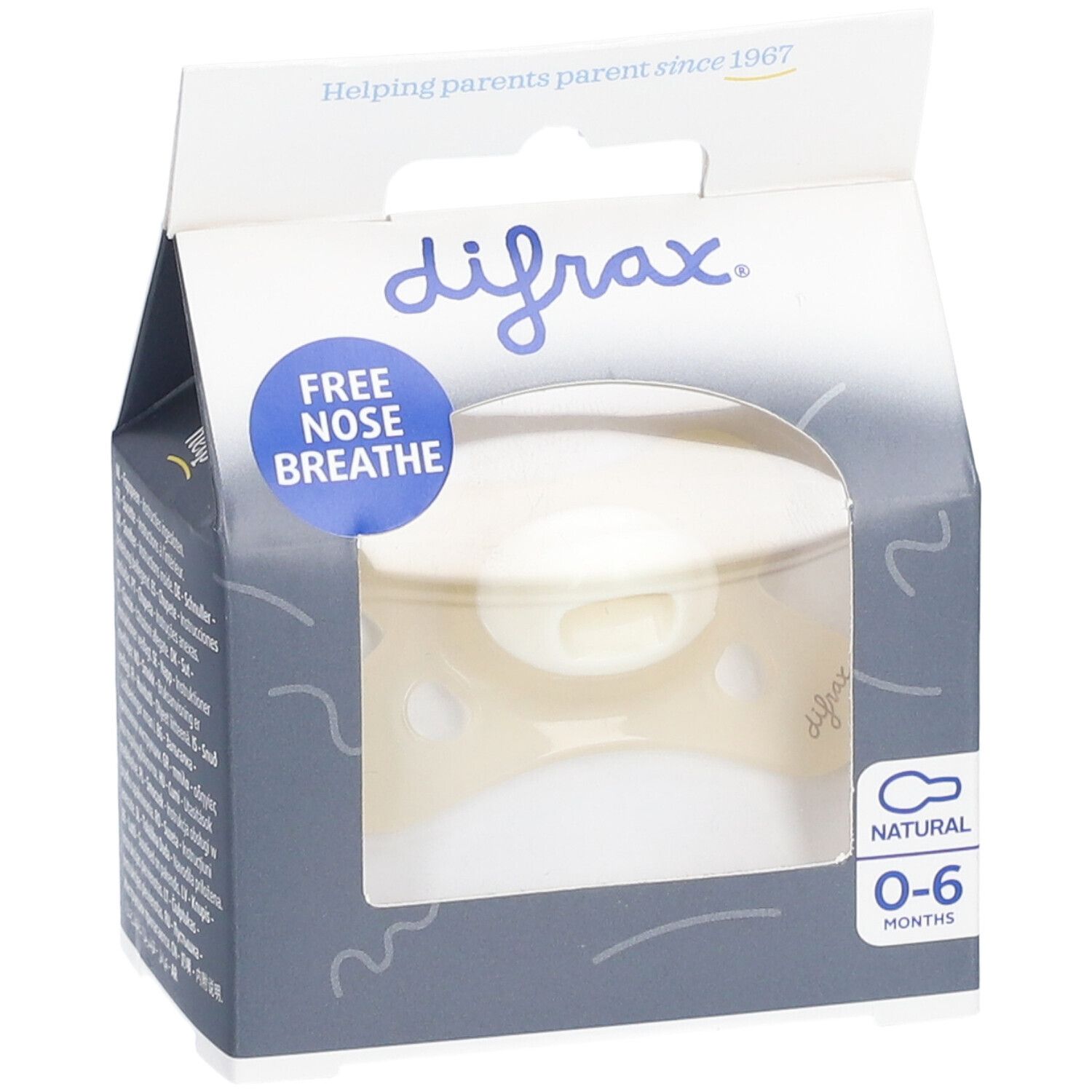 Sucette dans son emballage. Visible: logo difrax®, 'FREE NOSE BREATHE', 'NATURAL', 0-6 mois.