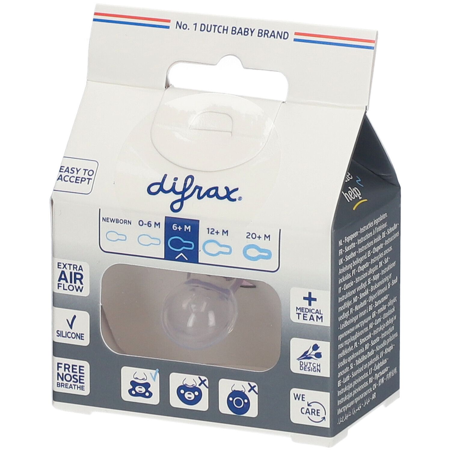 Verpakking met transparante fopspeen. Merk difrax. 6+ maanden. Extra Air Flow. Siliconen.