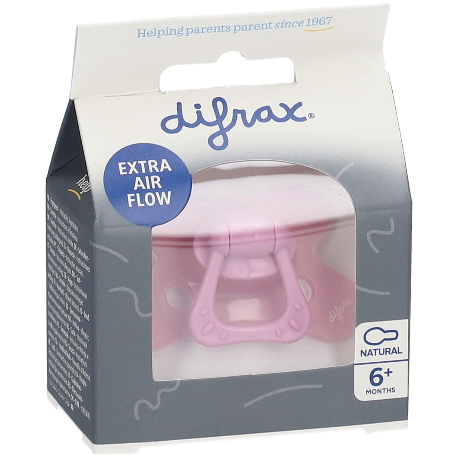 Roze fopspeen in verpakking. Merk difrax, 6+ maanden. Extra Air Flow. Natuurlijk materiaal.
