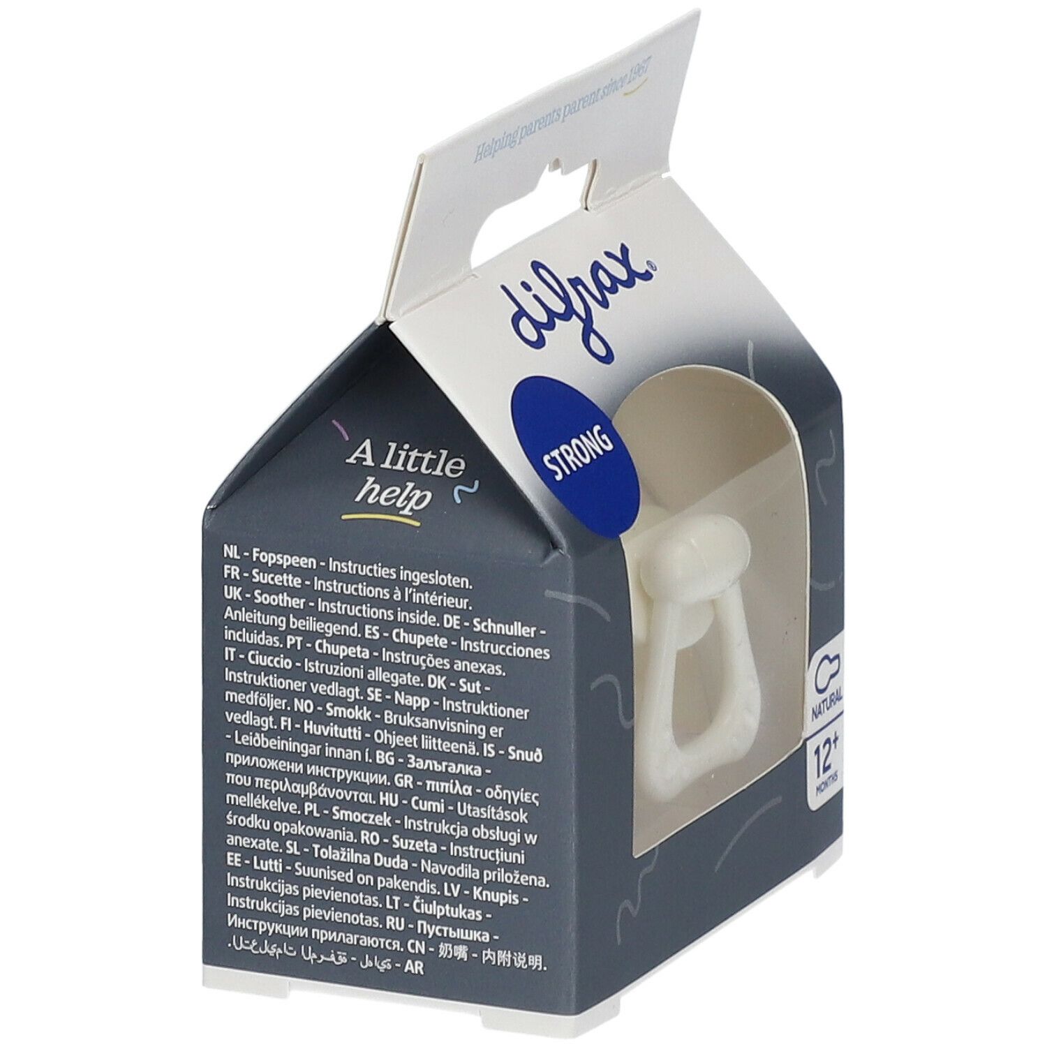 Verpakking met difrax® fopspeen. Tekst: Strong, Natural, 12+ maanden. Meertalige instructies op achterkant.