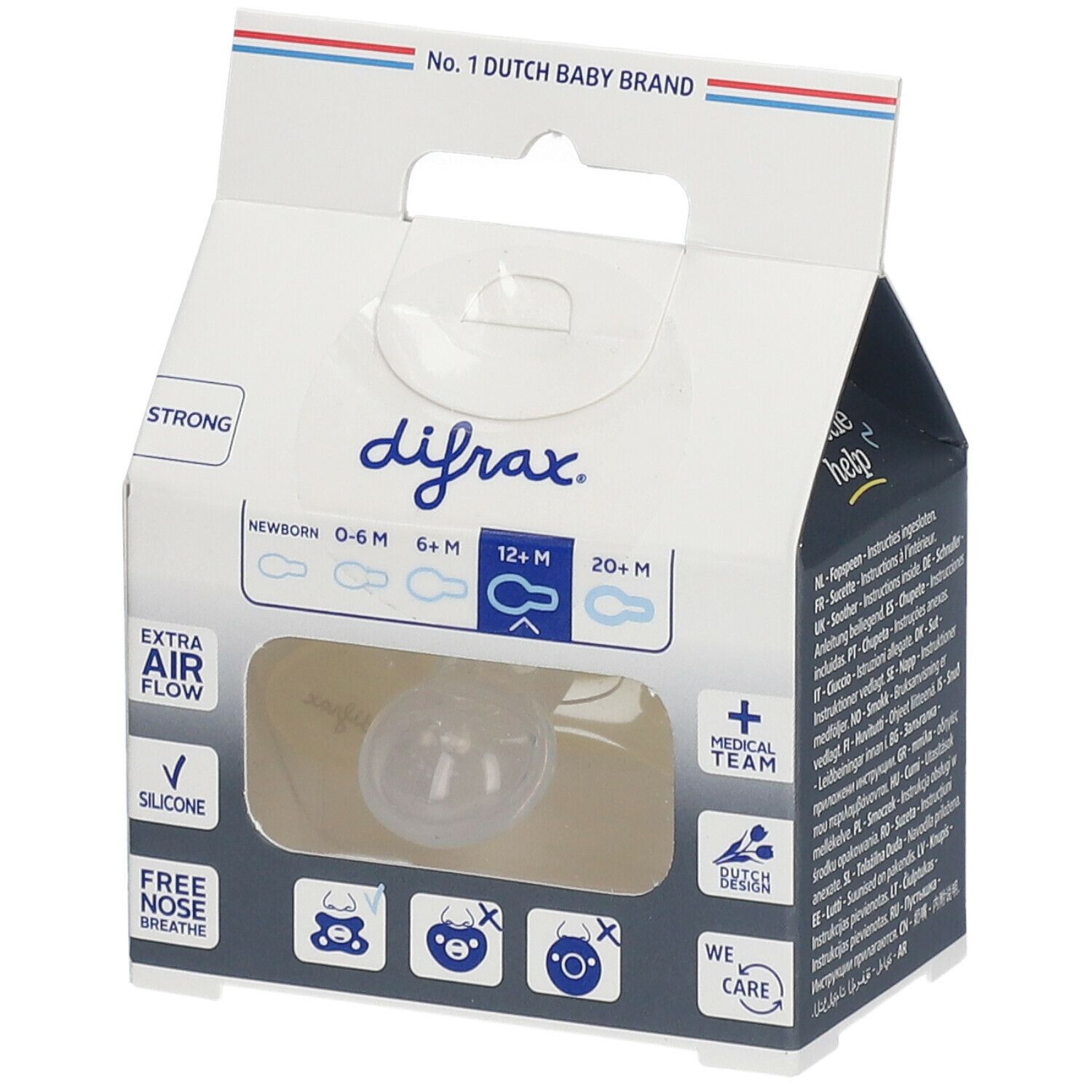 Verpakking met difrax® fopspeen. Zichtbaar: fopspeen, 12+ maanden, Extra Air Flow, silicone, Free Nose Breathe.