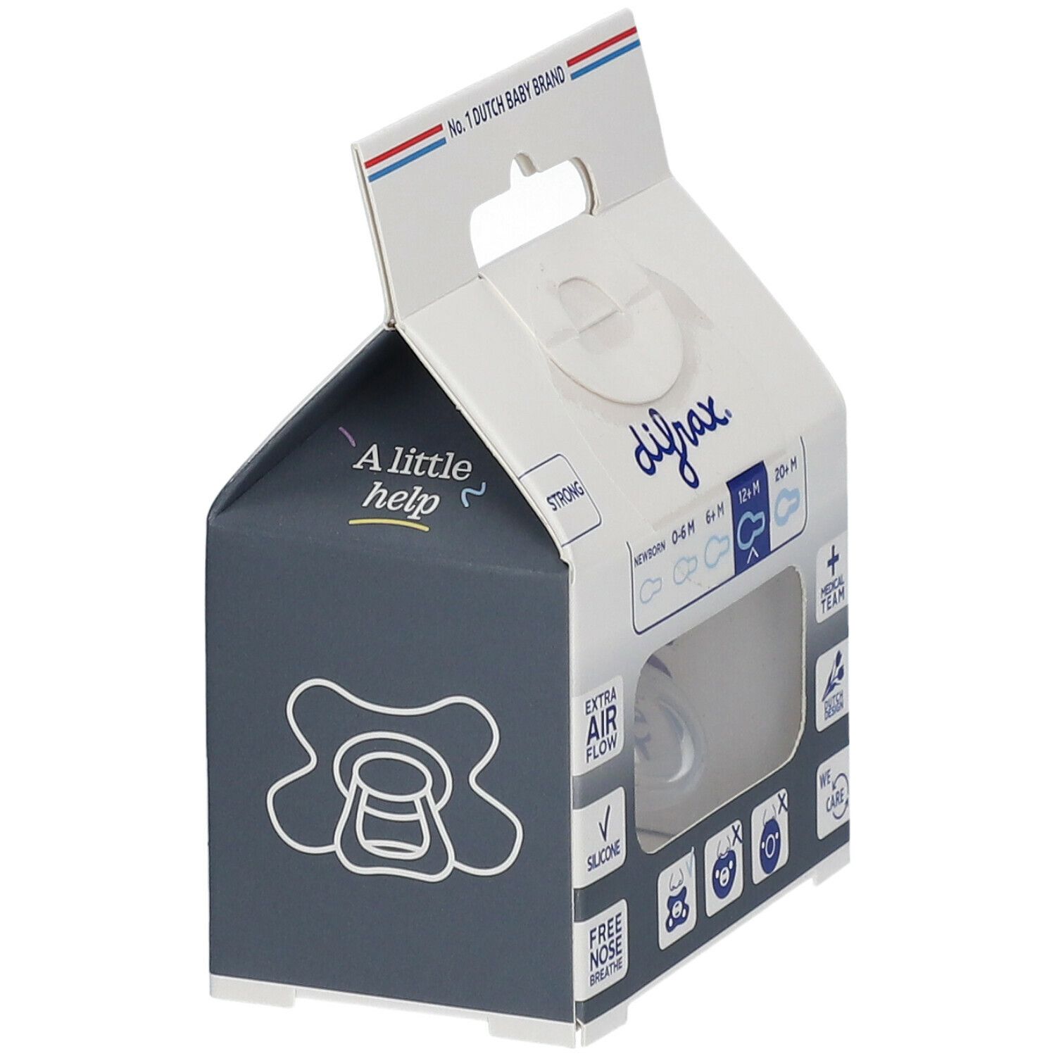 Verpakking met difrax® fopspeen. Zichtbaar: fopspeen, 12+ maanden, Extra Air Flow, silicone, Free Nose Breathe.