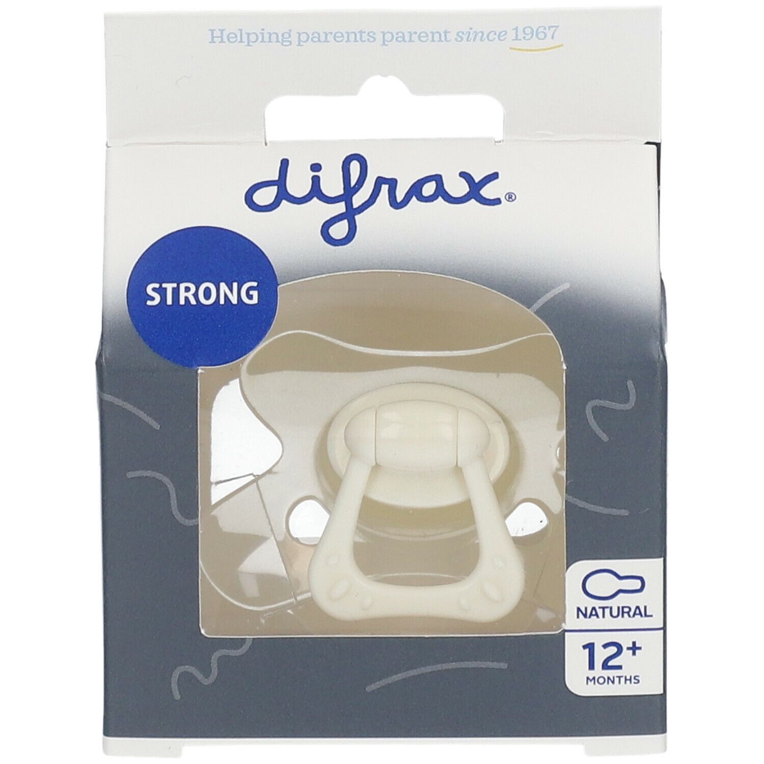 Difrax® fopspeen in verpakking. Witte fopspeen met handvat. Opschrift: 12+ maanden, Natural, Strong.
