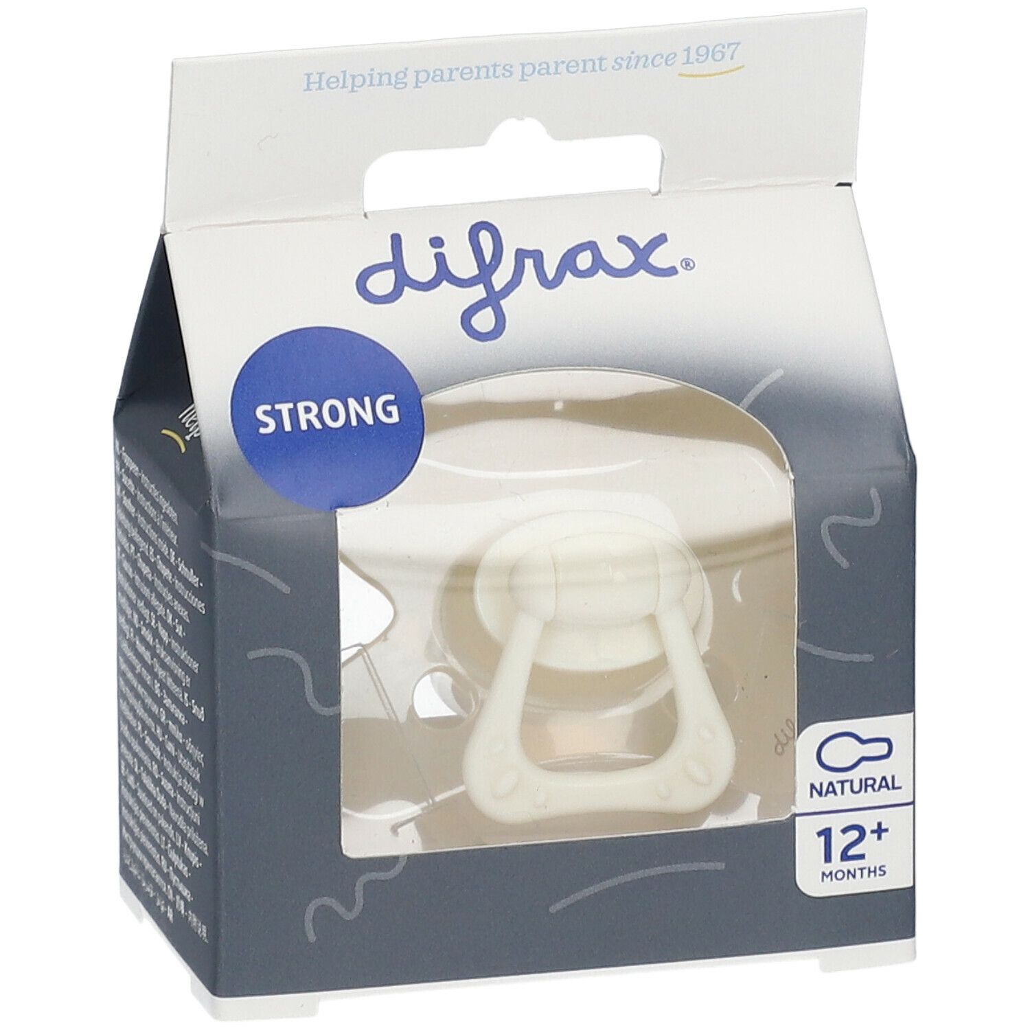Difrax® fopspeen in verpakking. Witte fopspeen met handvat. Opschrift: 12+ maanden, Natural, Strong.