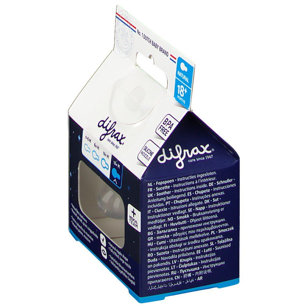 Verpakking met Difrax Natural 18+M fopspeen. BPA-vrij. Siliconen speen. Instructies.