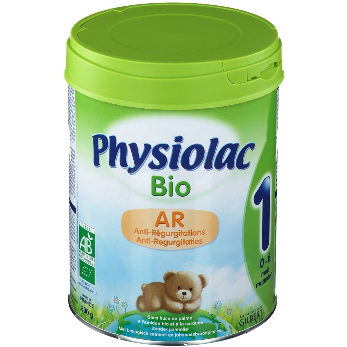 Boîte verte Physiolac Bio AR 1, illustration d'ours en peluche. Texte: Anti-Régurgitations, 0-6 mois. Label AB.