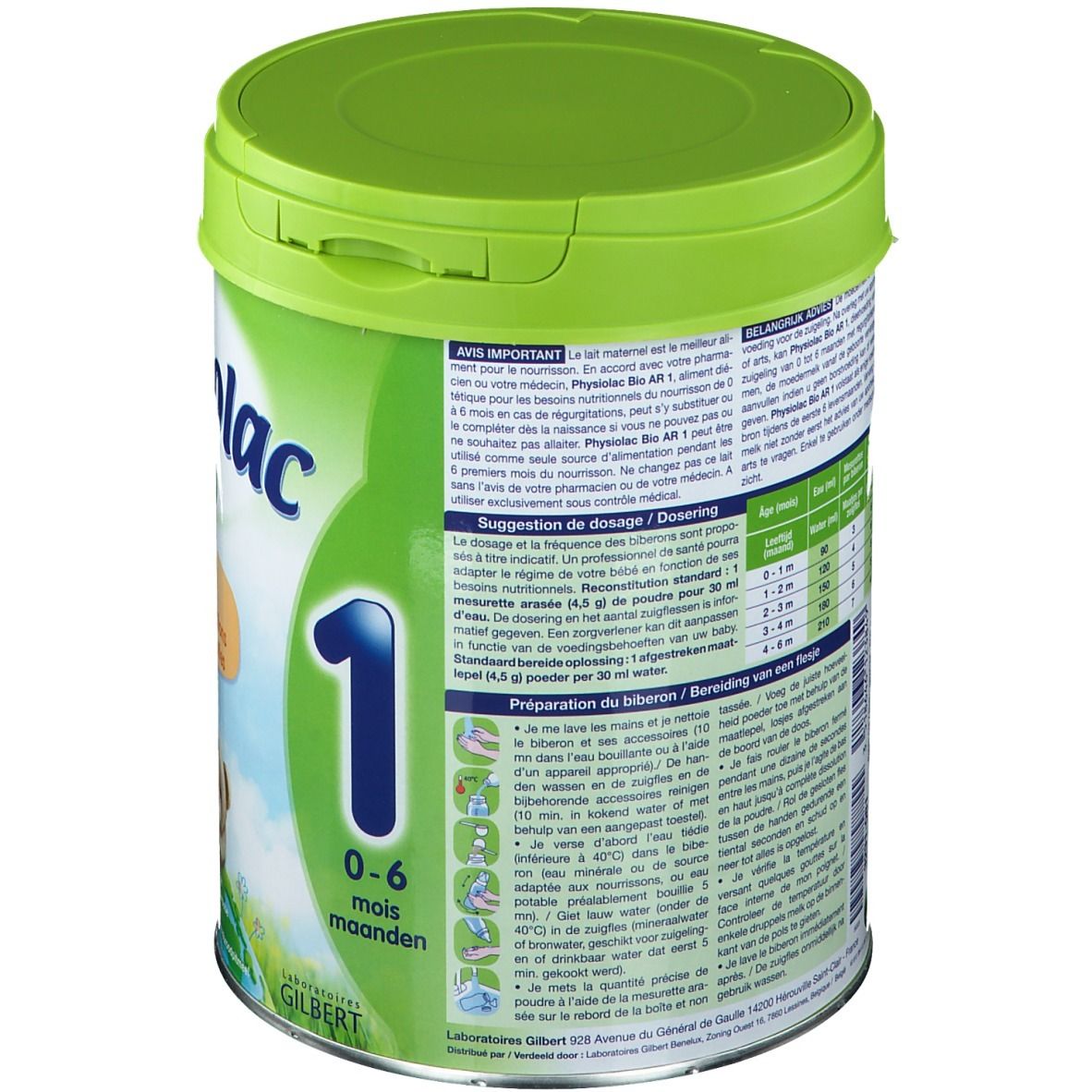 Boîte verte Physiolac Bio AR 1. Dos avec instructions de dosage et de préparation. Texte multilingue.