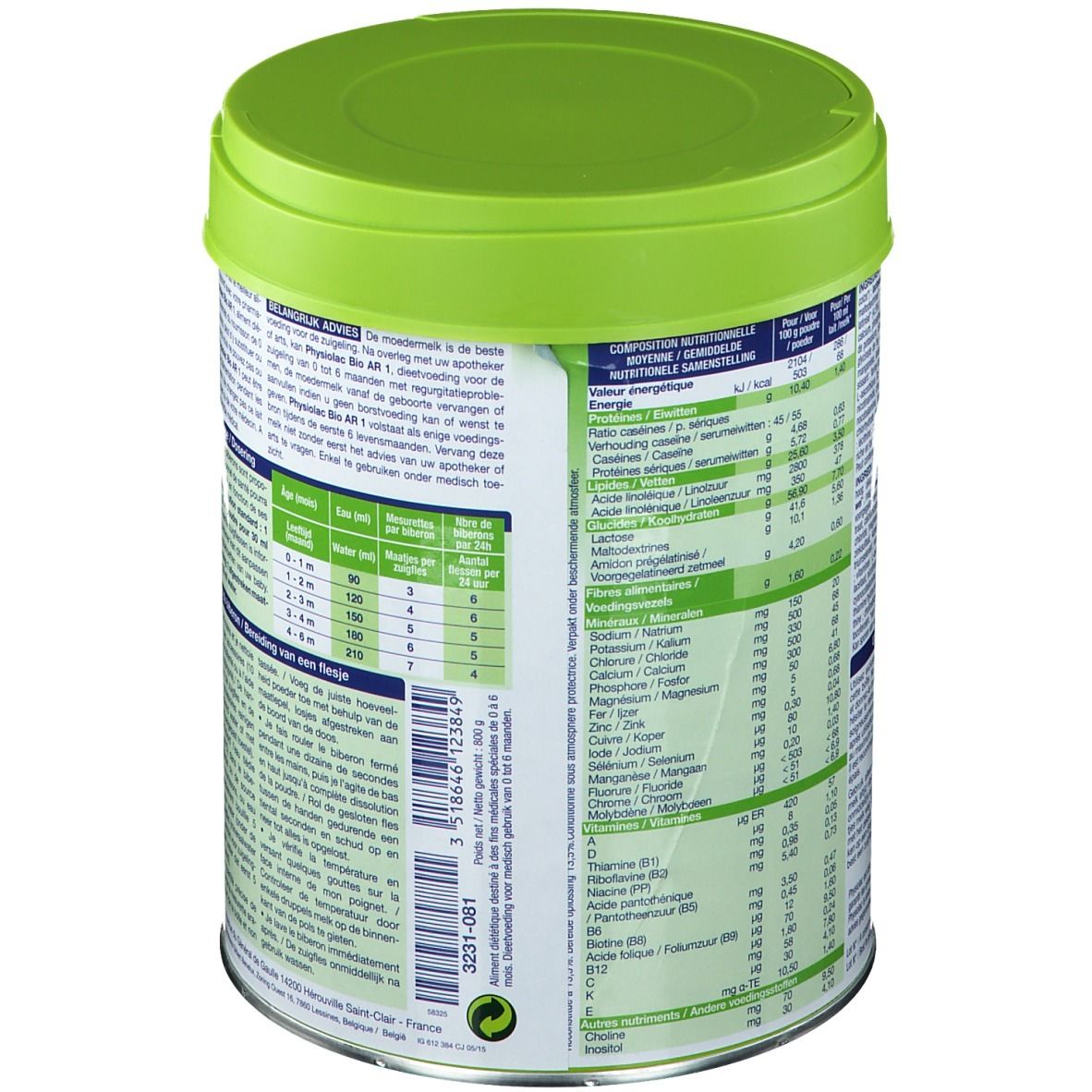Boîte verte Physiolac Bio AR 1. Dos avec informations nutritionnelles et ingrédients. Texte multilingue.