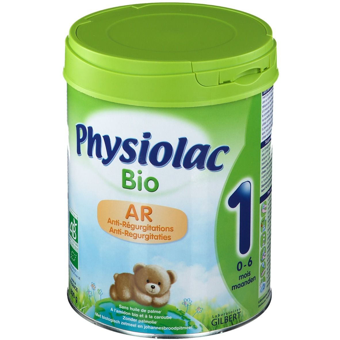 Boîte verte Physiolac Bio AR 1, illustration d'ours en peluche. Texte: Anti-Régurgitations, 0-6 mois. Label AB.