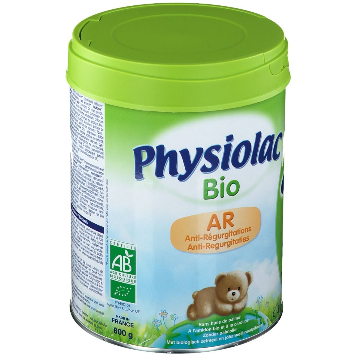 Boîte verte Physiolac Bio AR 1, ours en peluche. Texte: Anti-Régurgitations, 0-6 mois. Label AB, 800g.