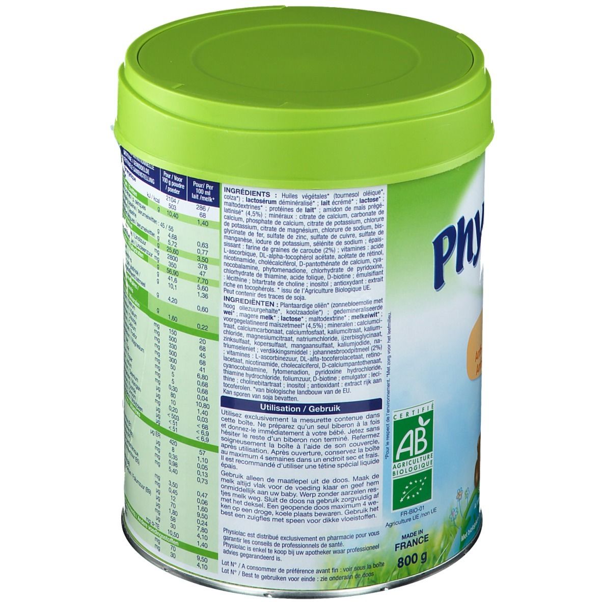 Boîte verte Physiolac Bio AR 1. Dos avec informations nutritionnelles, ingrédients et label AB. 800g.