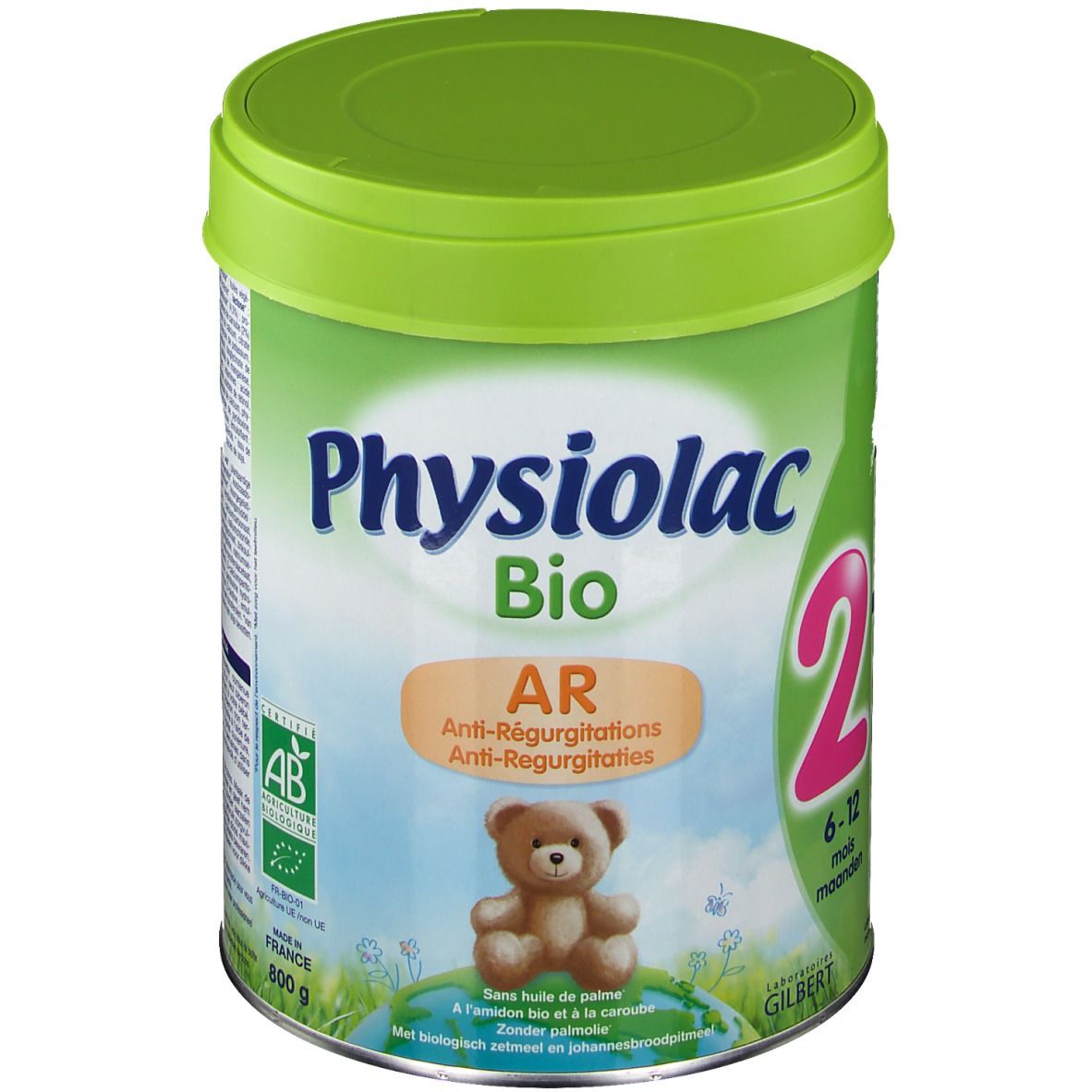 Boîte verte avec couvercle. Inscription: Physiolac Bio AR 2. Illustration d'ours et texte. Certification bio.
