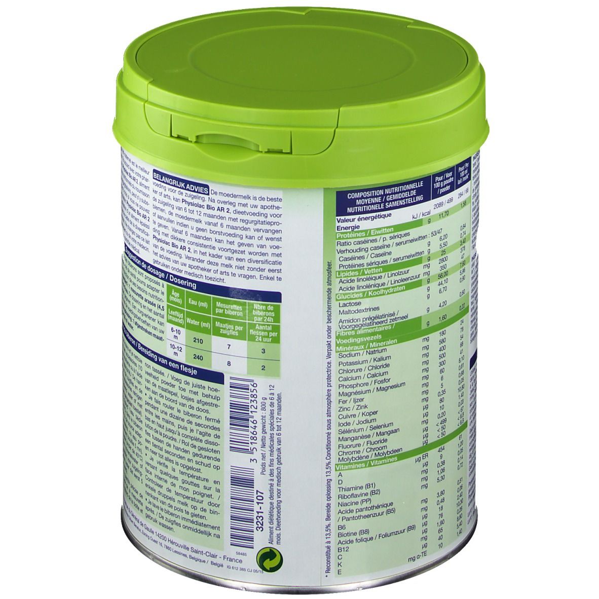 Boîte avec couvercle vert. Dos avec texte et informations nutritionnelles. Informations fabricant et code-barres.