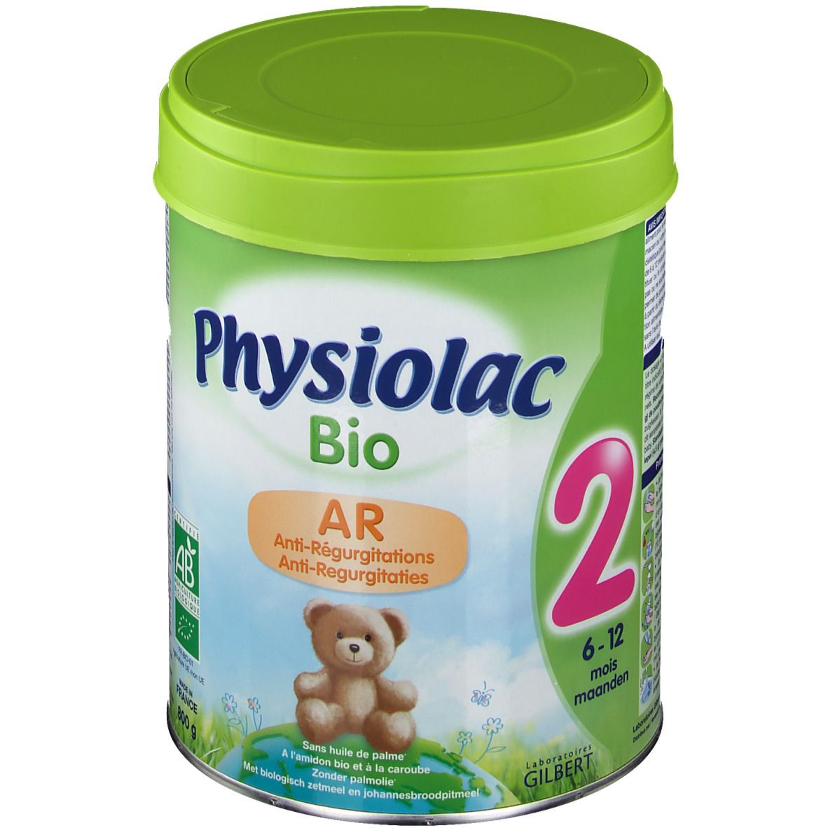 Boîte verte avec couvercle. Inscription: Physiolac Bio AR 2. Illustration d'ours et texte. Certification bio.