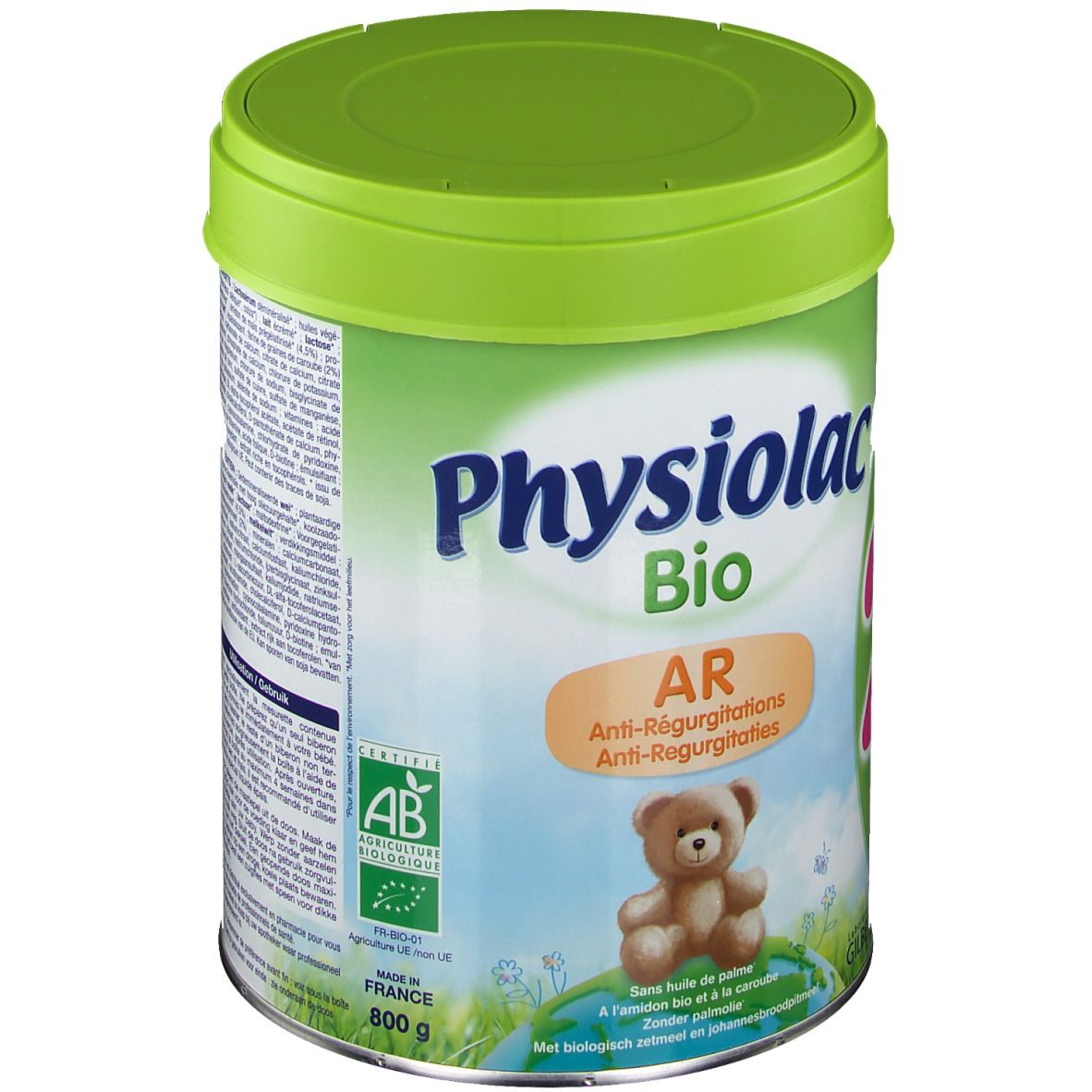 Boîte verte avec couvercle. Inscription: Physiolac Bio AR 2. Illustration d'ours et texte. Certification bio.