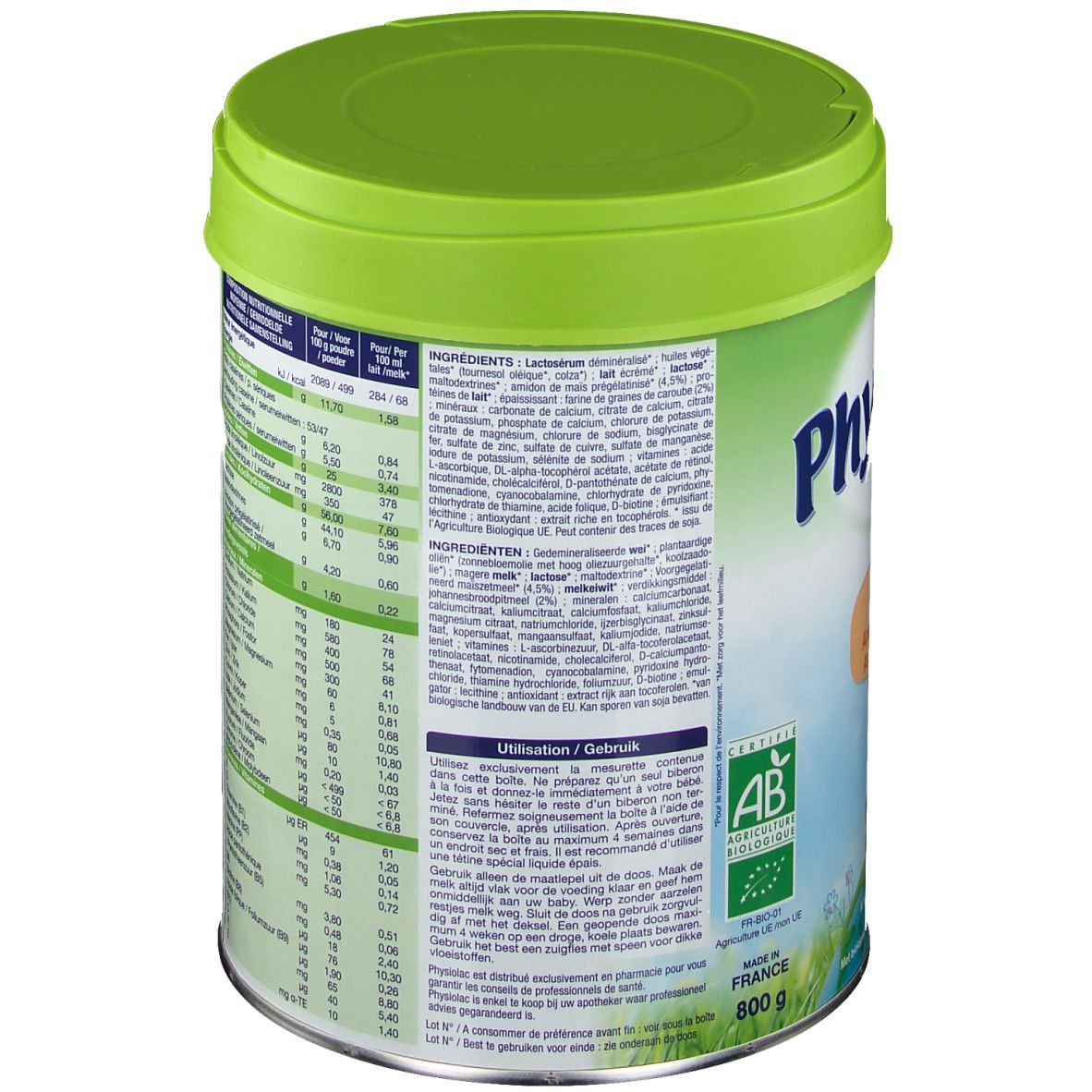 Boîte avec couvercle vert. Dos avec texte et informations nutritionnelles. Certification bio et informations fabricant.