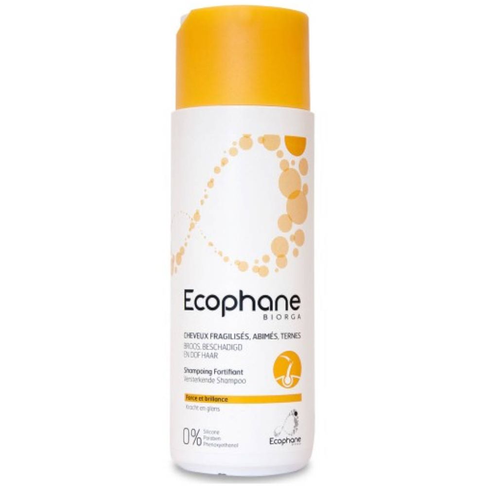 Witte fles met gele dop. Opschrift: Ecophane Biorga, Shampoing Fortifiant. Voor broos haar. 0% siliconen, fenoxyethanol.