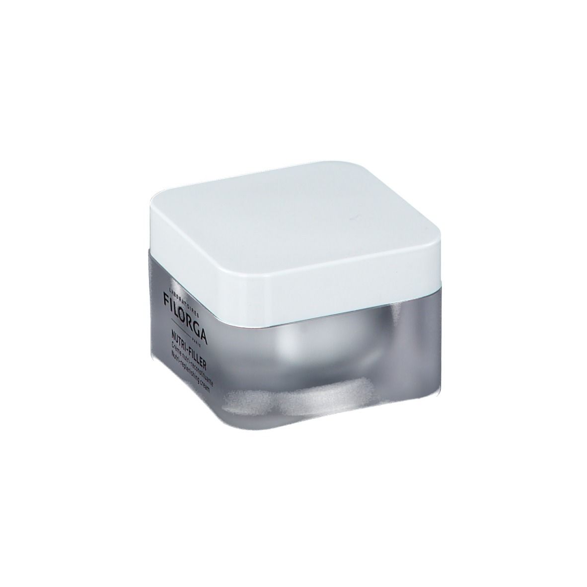 Crèmepot met witte deksel. Opschrift FILORGA en NUTRI-FILLER. Crème nutri-reconstituante. Nutri-replenishing cream.