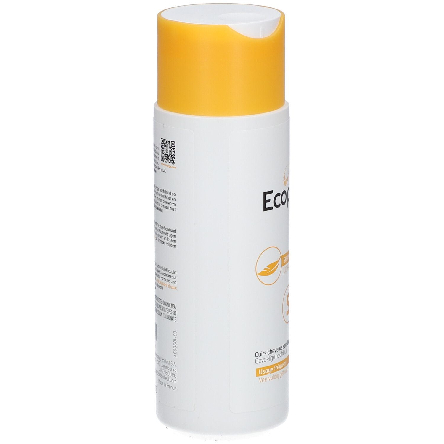 Flacon blanc à bouchon jaune. Dos avec texte et code QR. Nom du produit: Ecophane Biorga.
