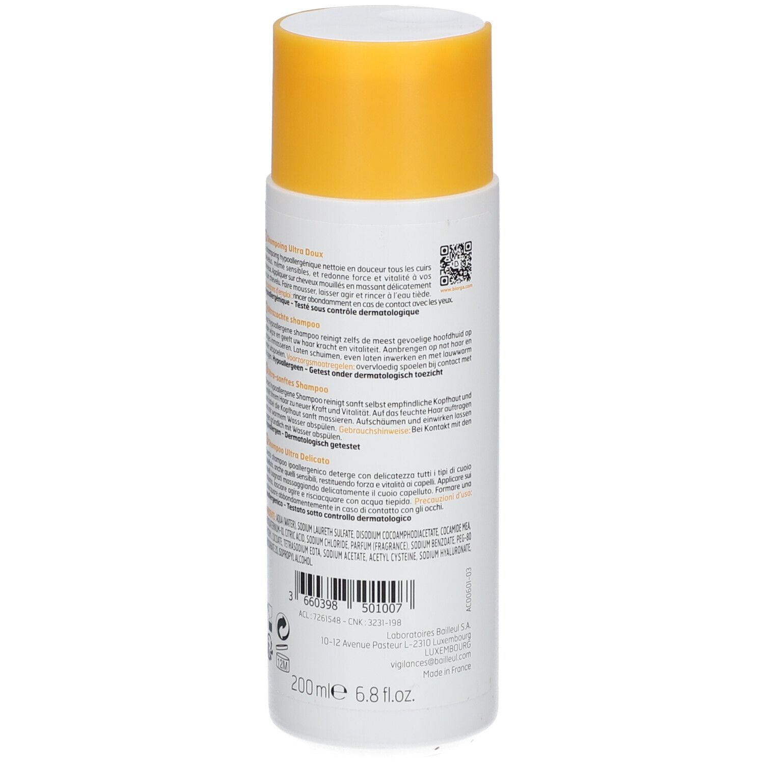 Dos d'un flacon blanc à bouchon jaune. Texte en plusieurs langues. Nom du produit: Ecophane Biorga.