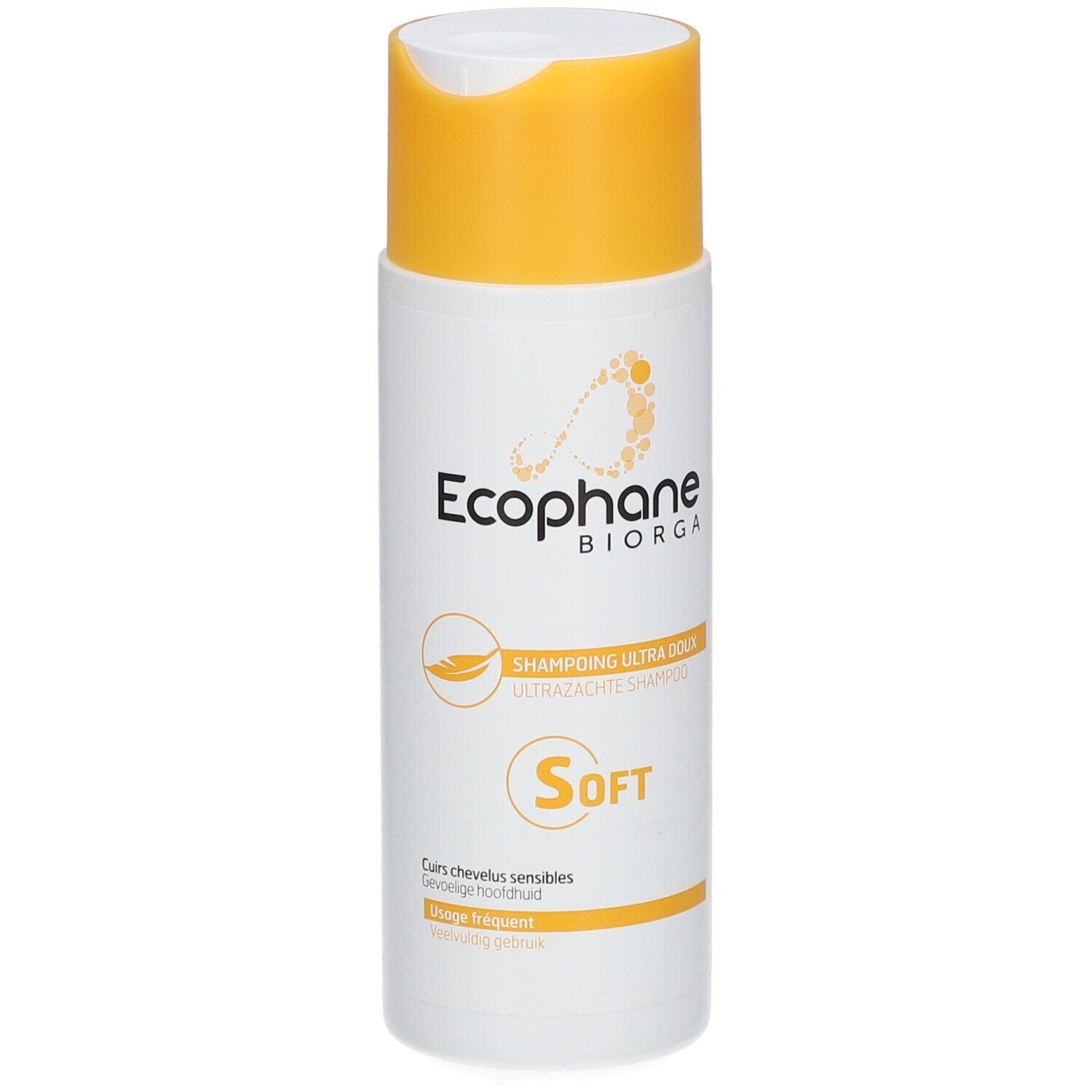 Flacon blanc à bouchon jaune. Inscription: Ecophane Biorga, Shampooing Ultra Doux, Soft. Pour cuirs chevelus sensibles.
