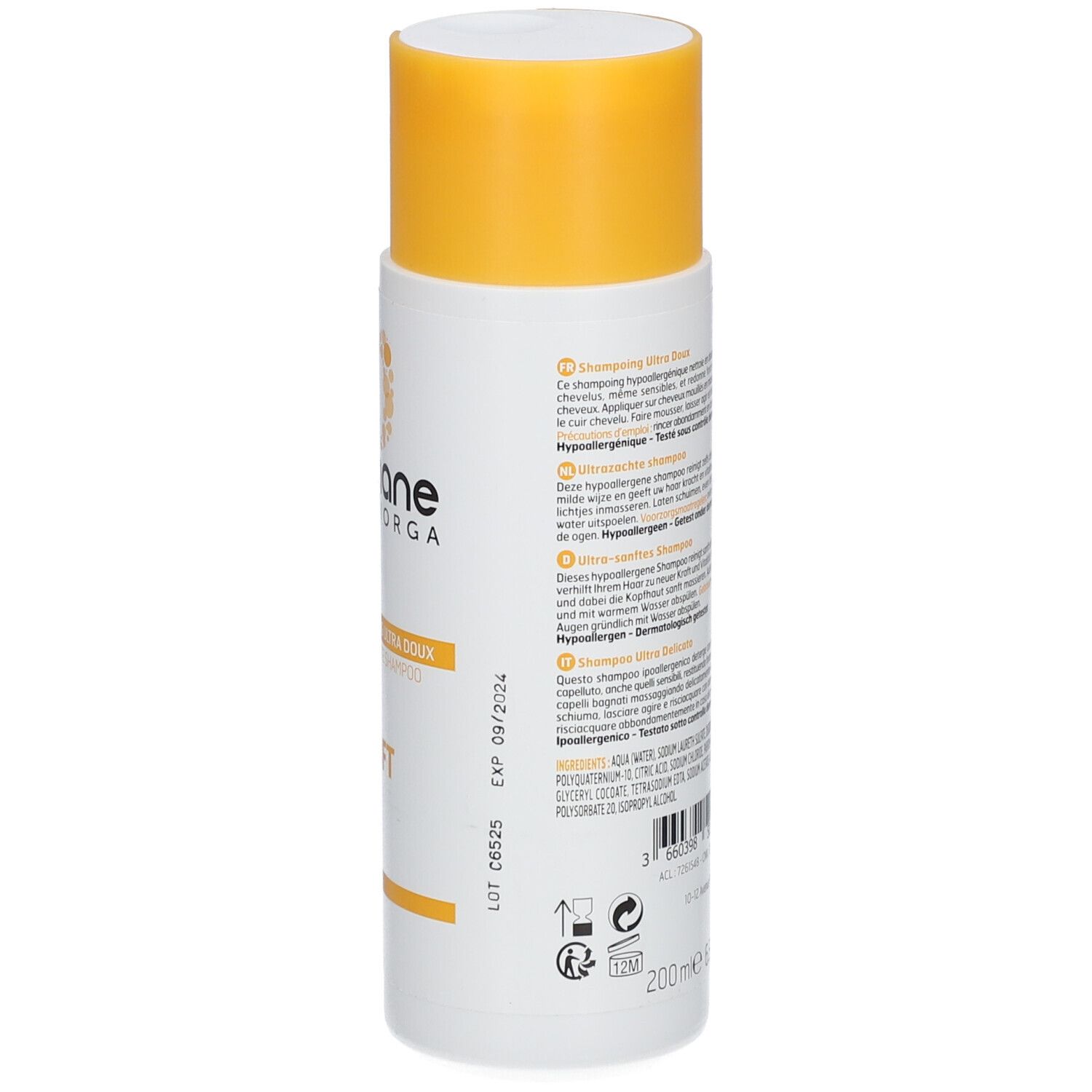 Dos d'un flacon blanc à bouchon jaune. Texte, ingrédients, date de péremption. Nom du produit: Ecophane Biorga.