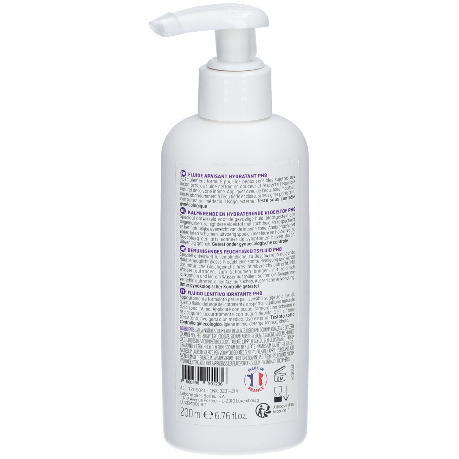 Witte dispenser met pomp, achteraanzicht. Meertalige tekst. Volume: 200ml. Gemaakt in Frankrijk.