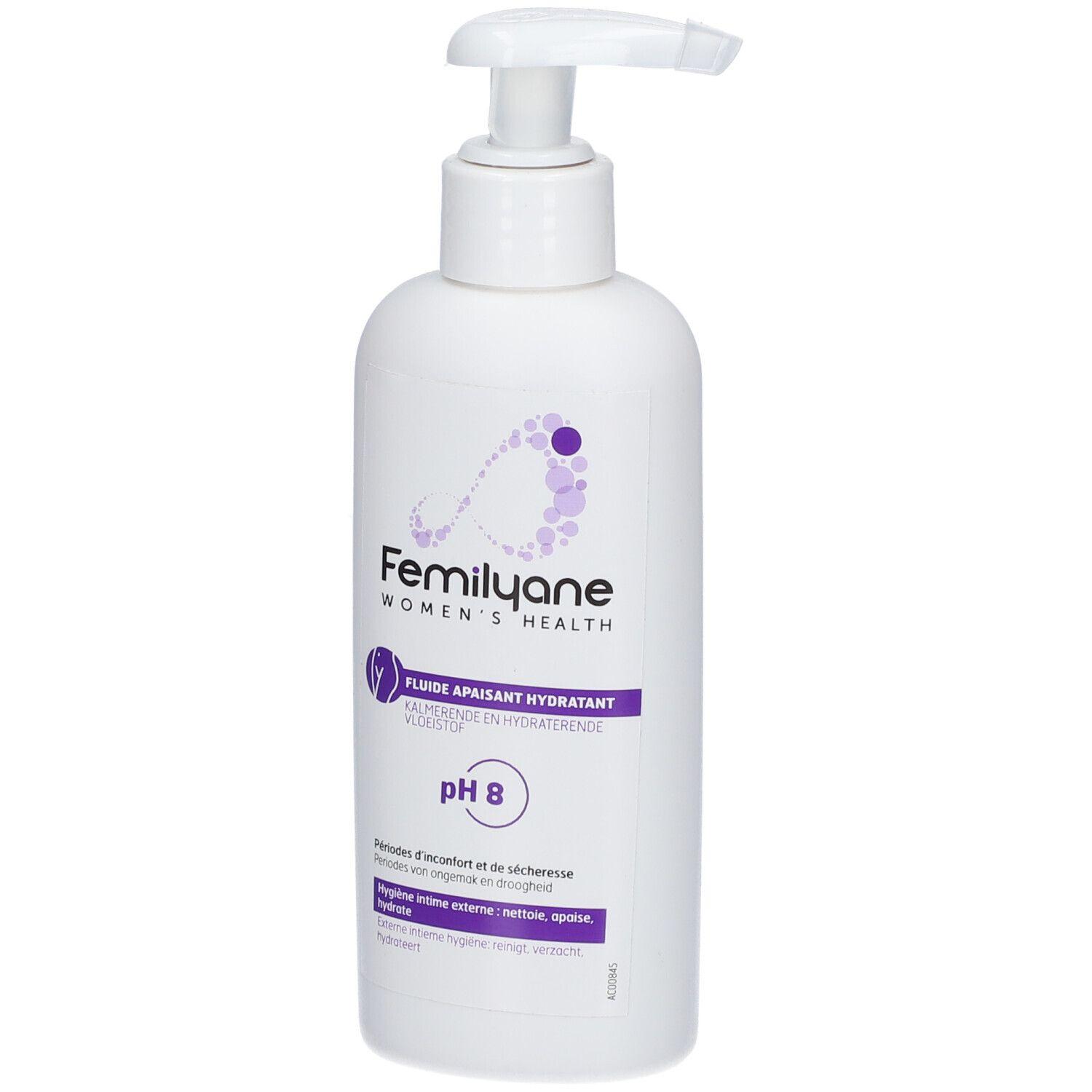 Witte dispenser met pomp. Opschrift: Femilyane, Women's Health, pH 8. Tekst: Fluide apaisant hydratant.