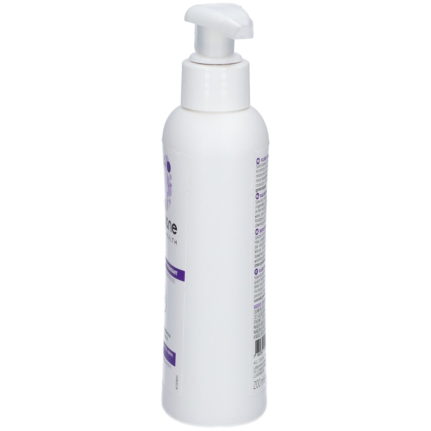 Witte dispenser met pomp, zijaanzicht. Tekst op de achterkant. Volume: 200ml.