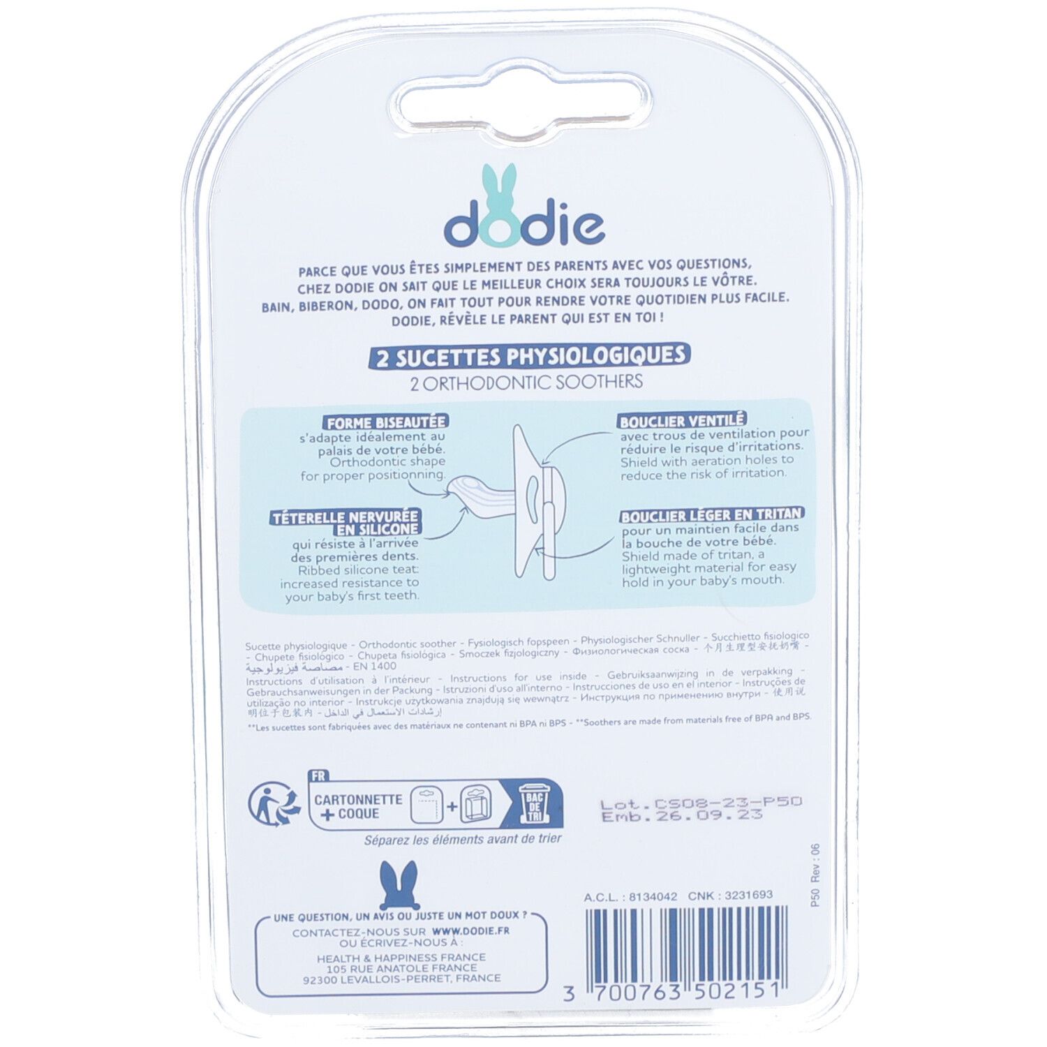 Dos de l'emballage blister avec deux sucettes. Marque : dodie®. Texte : 2 sucettes physiologiques. Forme anatomique.