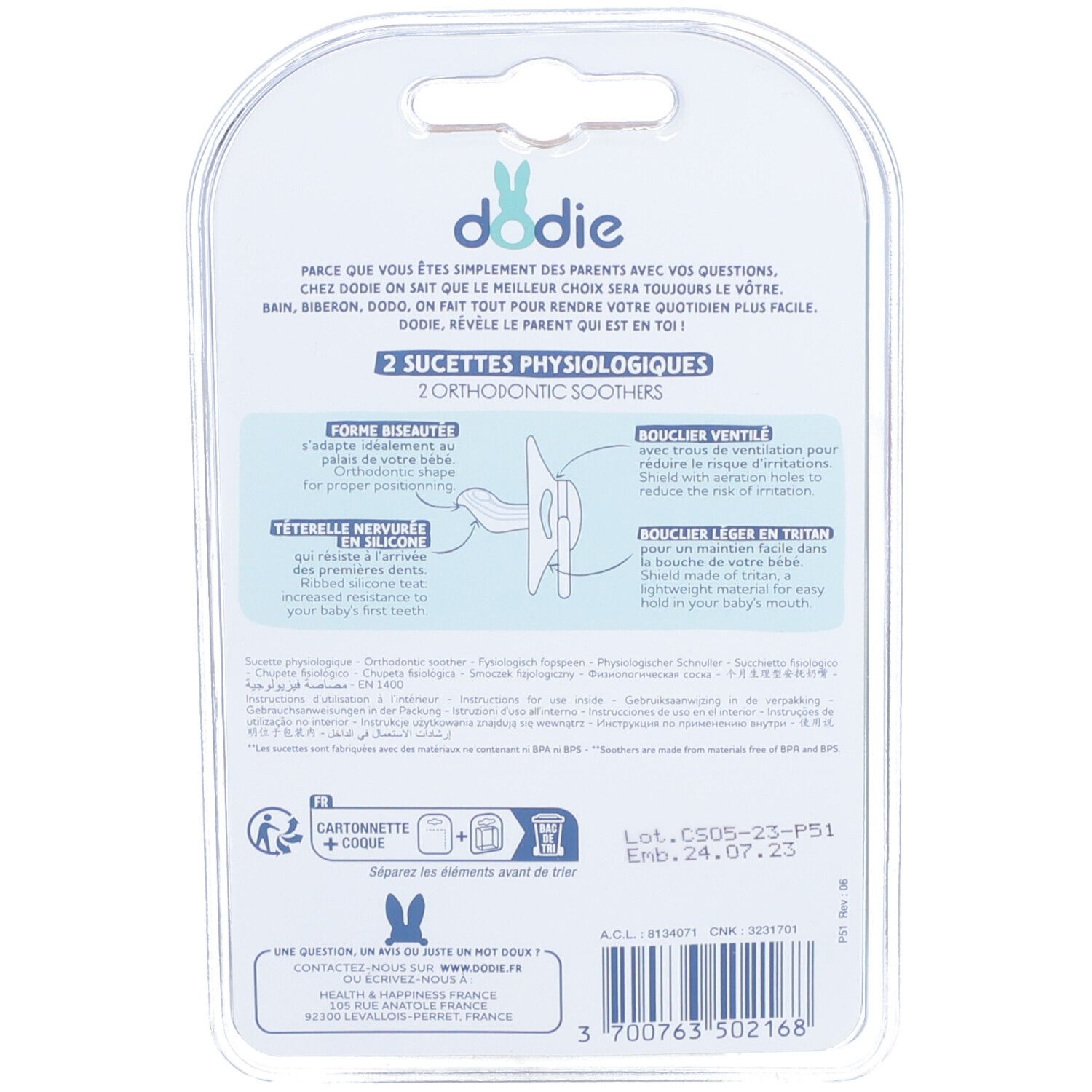Dos de l'emballage blister avec informations produit. Marque Dodie, 2 sucettes, orthopédiques.