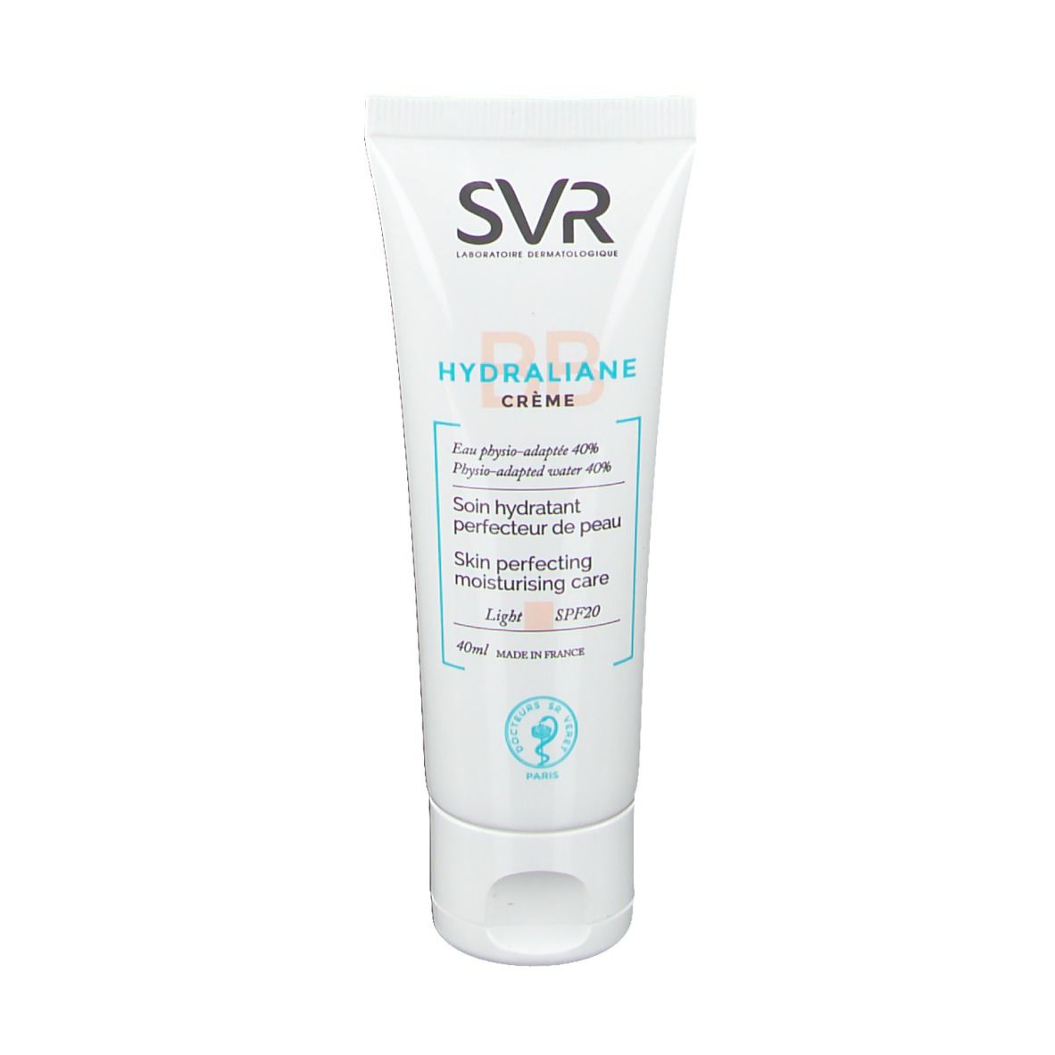 Tube blanc SVR HYDRALIANE CRÈME, SPF20, 40ml. Inscriptions en français. Bouchon blanc.