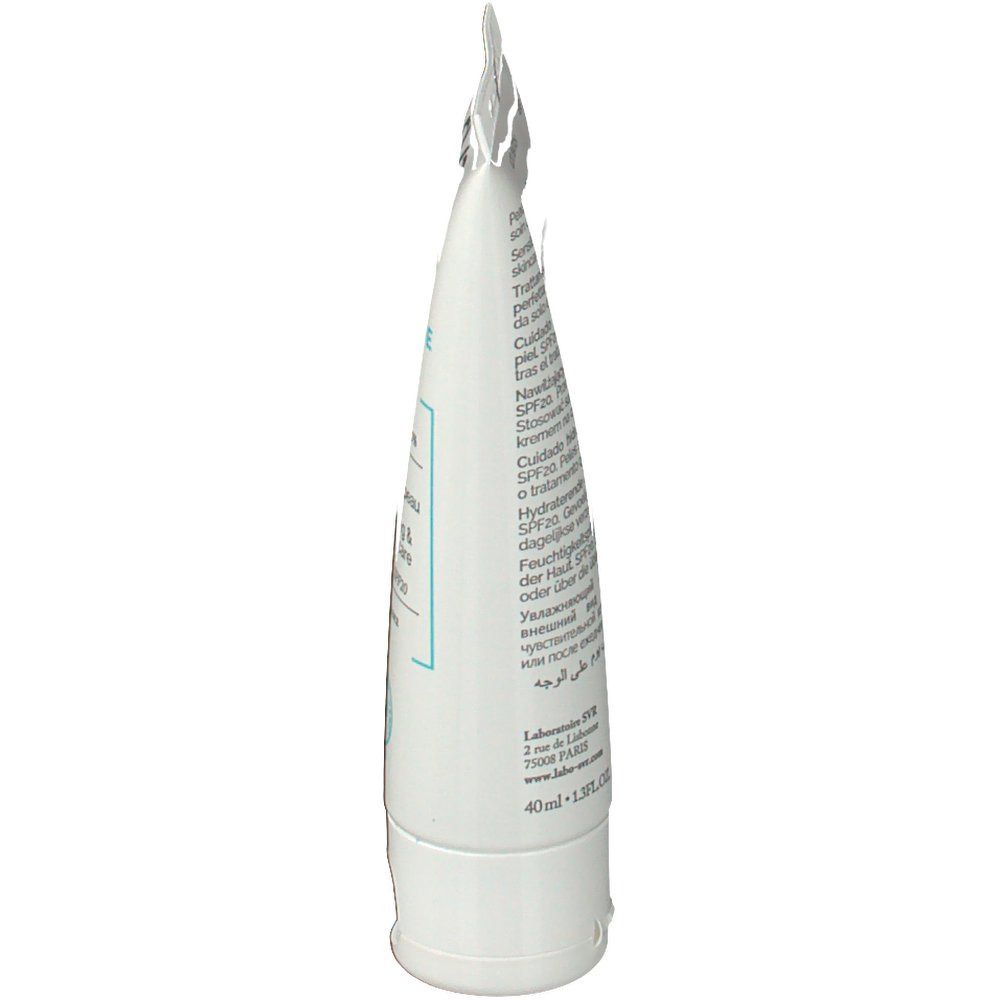 Vue latérale du tube SVR HYDRALIANE BB Crème SPF20 Medium. Tube blanc avec texte. Contient 40ml.