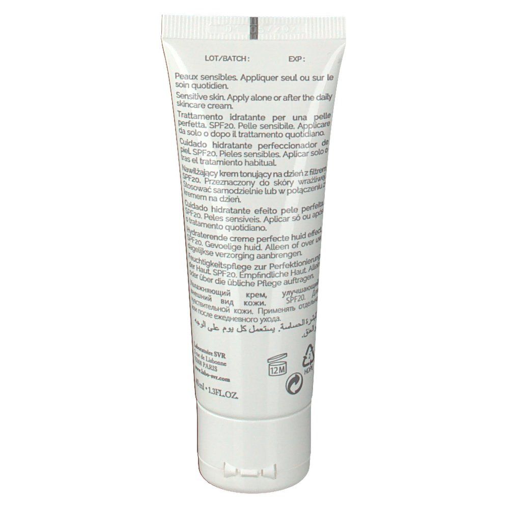 Dos du tube SVR HYDRALIANE BB Crème SPF20 Medium. Tube blanc avec texte. Contient 40ml.