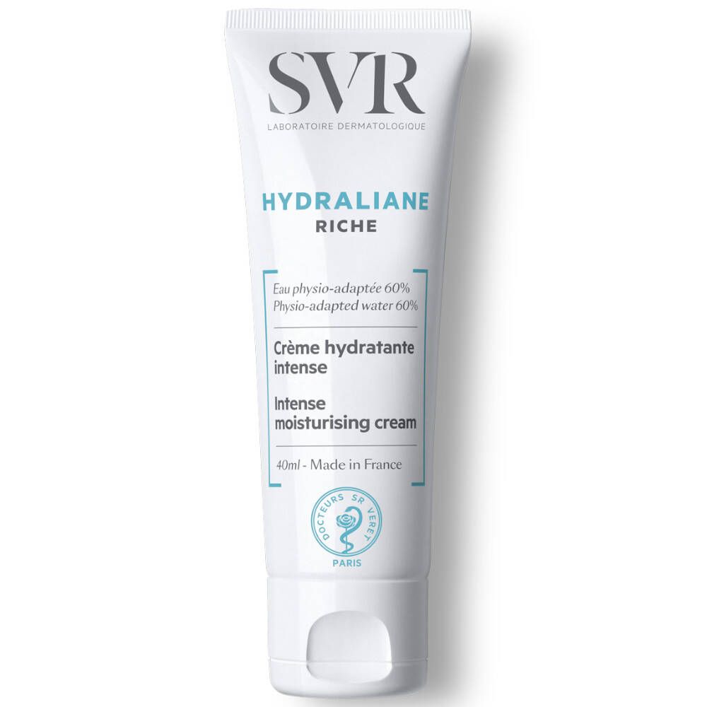 Tube blanc avec texte bleu. Logo SVR, nom du produit HYDRALIANE RICHE. Texte: Crème hydratante intense. 40ml.